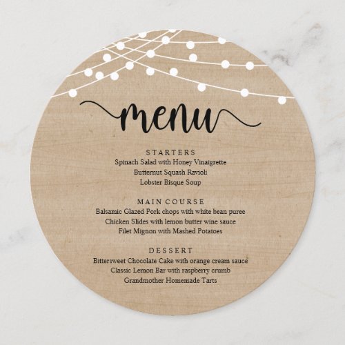 Wedding Elopement Dinner String Lights Brown Wood Menu