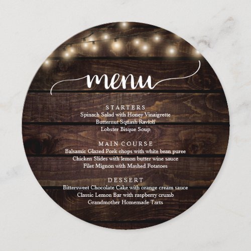 Wedding Elopement Dinner String Lights Brown Wood Menu