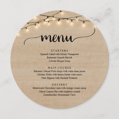 Wedding Elopement Dinner String Lights Brown Wood Menu