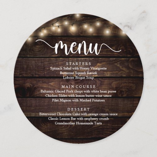 Wedding Elopement Dinner String Lights Brown Wood Menu