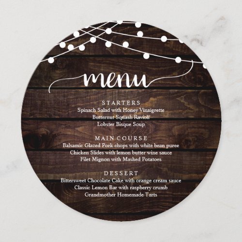 Wedding Elopement Dinner String Lights Wood Menu