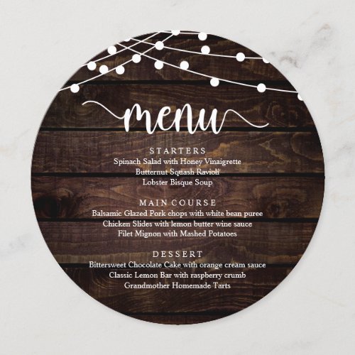 Wedding Elopement Dinner String Lights Wood Menu