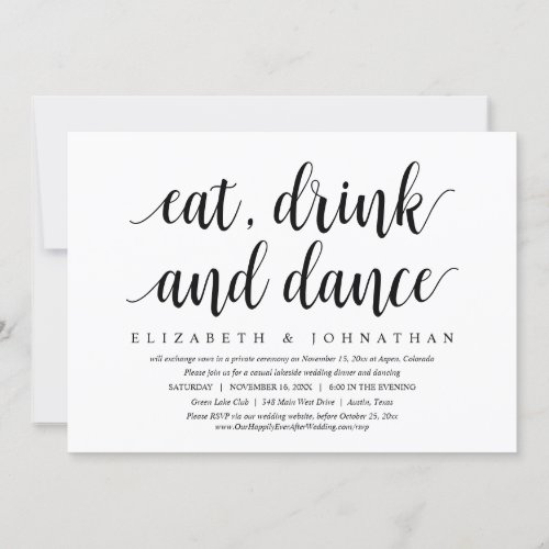Wedding Elopement Eat Drink and Dance Invitation