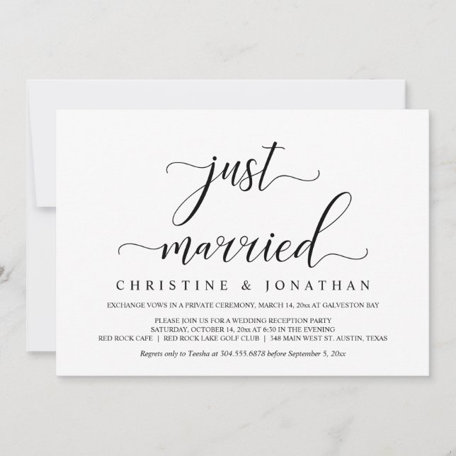 Wedding Elopement, Elegant Reception Party Invitat Invitation (Front)