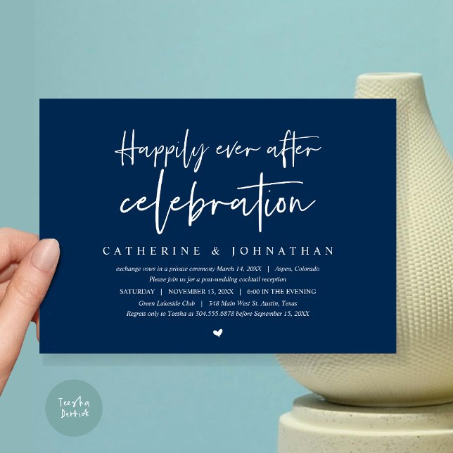 Wedding Elopement, Happily Ever after celebration Invitation (Wedding Elopement Dinner, Happily Ever after celebration Invitation Card, PDF, in Navy Blue)