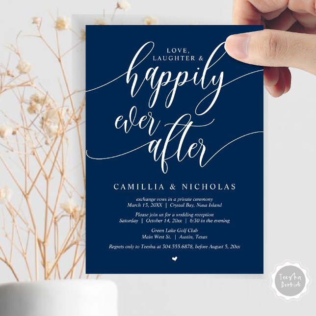 Wedding Elopement, Happily Ever After Party Invita Invitation (Wedding Elopement, Happily Ever After Party Invitation Card, PDF, Navy Blue)