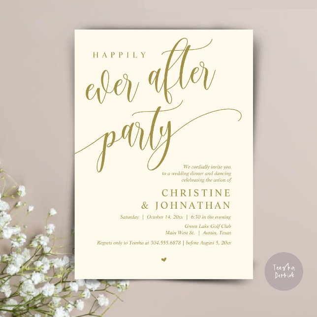 Wedding Elopement, Happily Ever After Party  Invitation (Wedding Elopement, Happily Ever After Party Invites Card, Modern Contemporary, PDF, Yellow Gold)