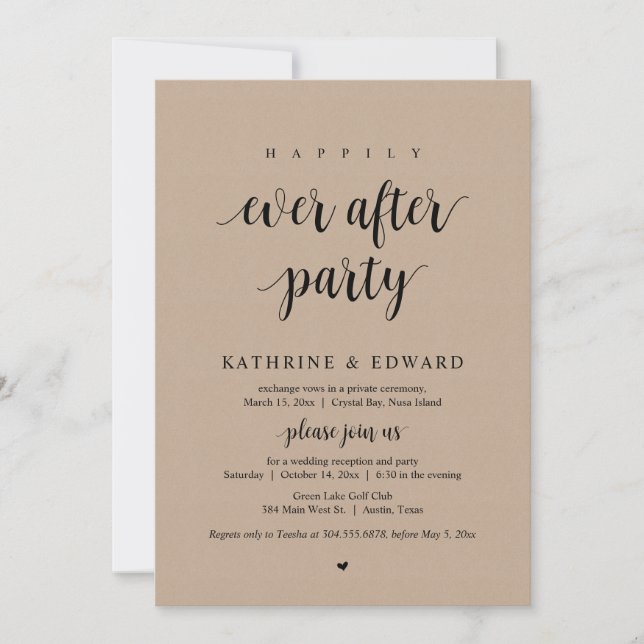 Wedding Elopement, Happily Ever After Party, Kraft Invitation (Front)
