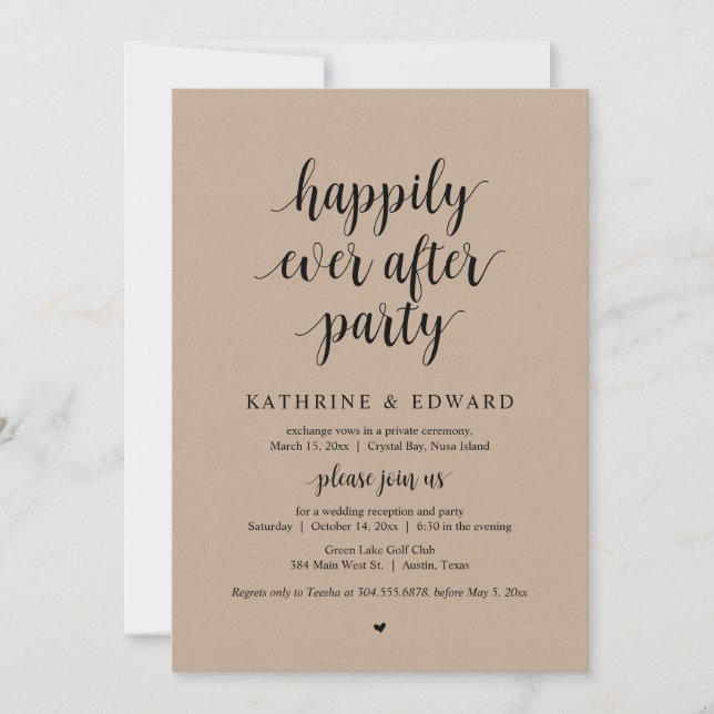 Wedding Elopement, Happily Ever After Party, Kraft Invitation (Front)