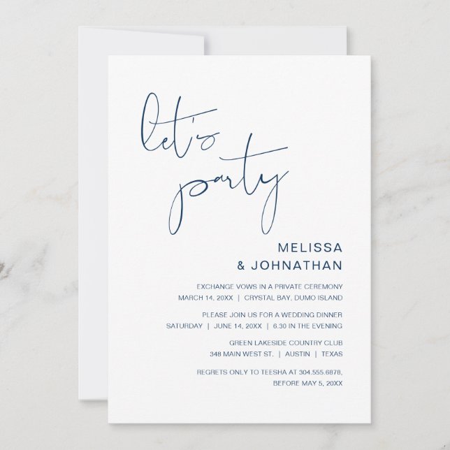 Wedding Elopement. Let's Party, classy Navy Blue  Invitation (Front)