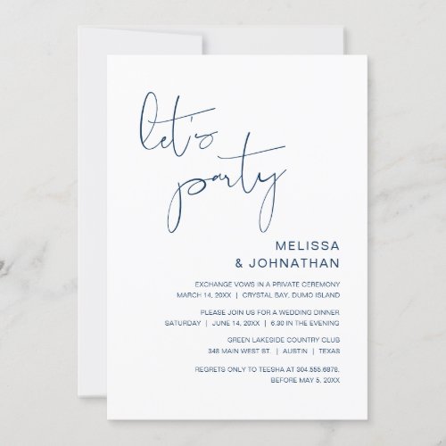 Wedding Elopement Lets Party classy Navy Blue  Invitation