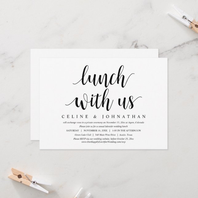 Wedding Elopement, Lunch With Us, Newlyweds Invitation (Front/Back In Situ)