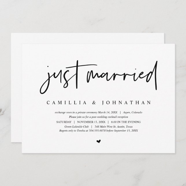 Wedding Elopement, Modern Minimalist Just married Invitation (Front/Back)