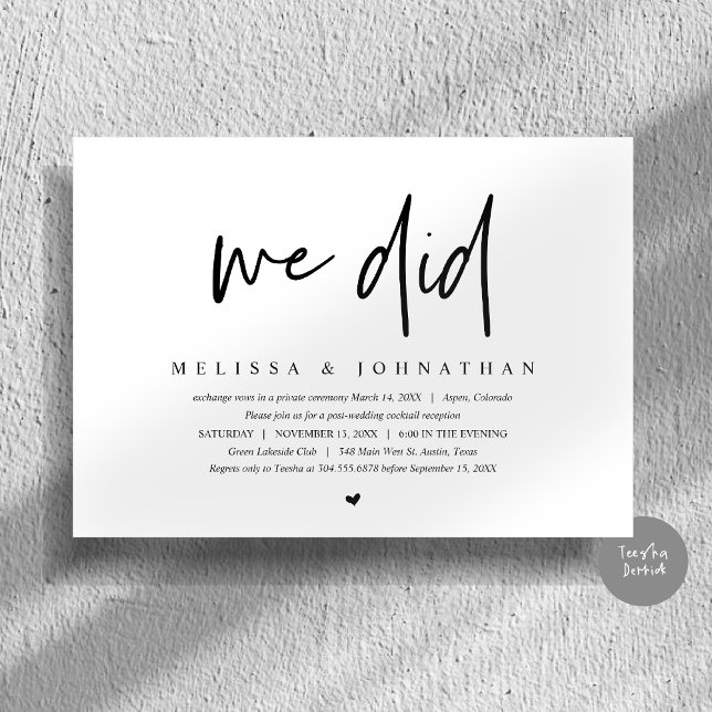 Wedding Elopement, Modern Minimalist, we did Invitation (We Did, Wedding Elopement Dinner Invitation Card, PDF, Modern Minimalist, in Black and White)