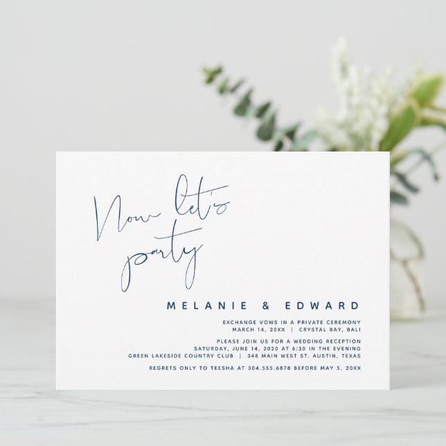 Wedding Elopement, Navy Blue, Now let's Party Invitation (Standing Front)