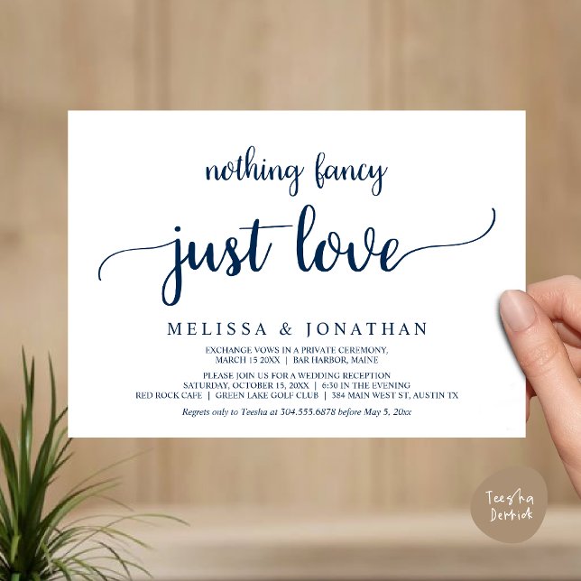 Wedding Elopement, Nothing Fancy Just Love Dinner Invitation (Wedding Elopement, Nothing Fancy Just Love Dinner Invitation Card, PDF, Rustic Cottage Navy Blue)