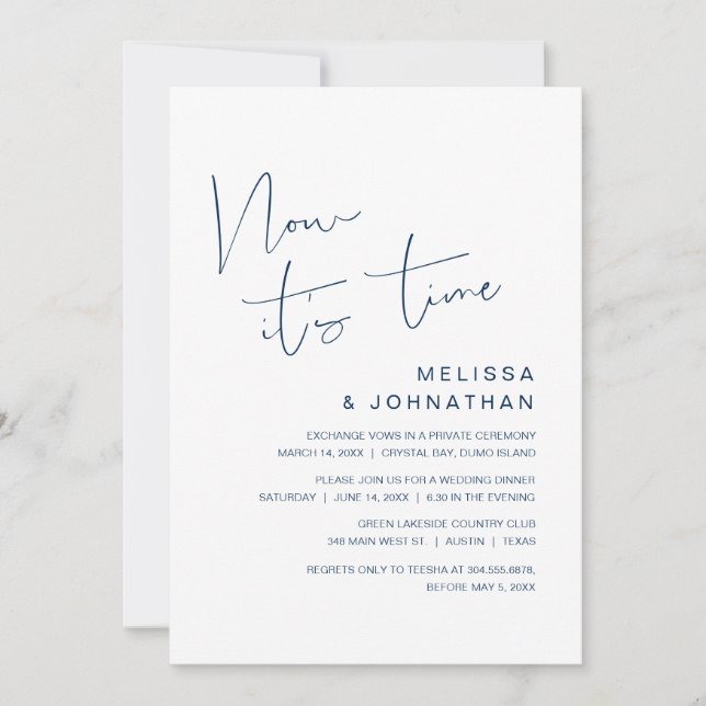 Wedding Elopement, Now it's time, classy Navy Blue Invitation (Front)