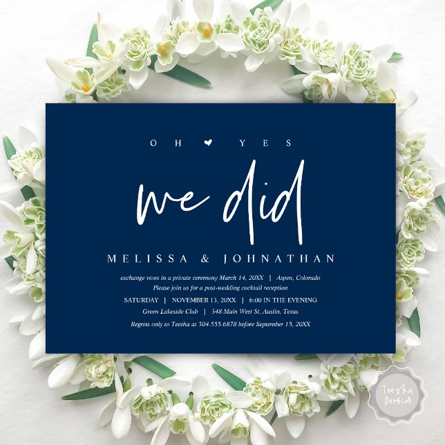 Wedding Elopement, oh yes we did Invitation (Oh yes we did, Modern Wedding Elopement Dinner Party Invitation Card, PDF, Navy Blue)