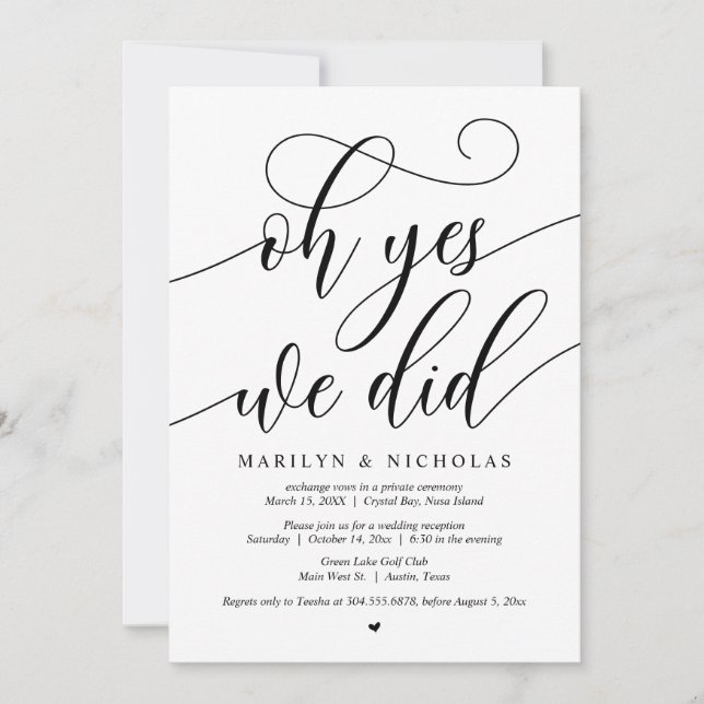 Wedding Elopement Party, Oh Yes, We Did Invitation (Front)