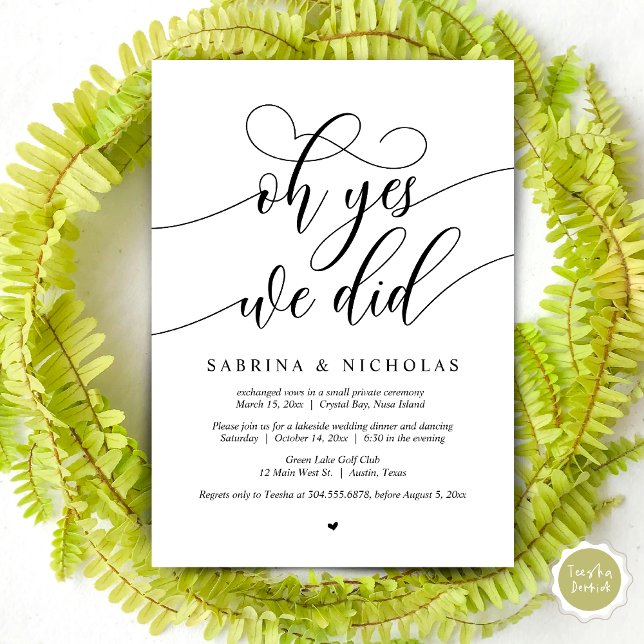 Wedding Elopement Party, Oh Yes, We Did Invitation (Oh Yes, We Did, Wedding Elopement Dinner Brunch Lunch Party Invites Card, PDF, Black White)
