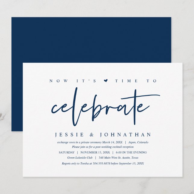 Wedding Elopement, time to celebrate, Navy Blue Invitation (Front/Back)
