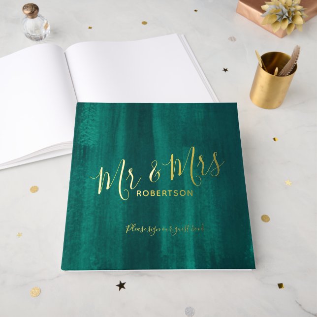 Wedding emerald green and real gold Foil Guestbook (Front Open)