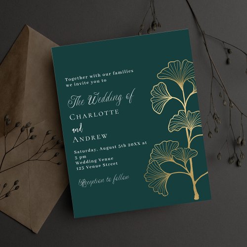 Wedding emerald green ginkgo budget invitation