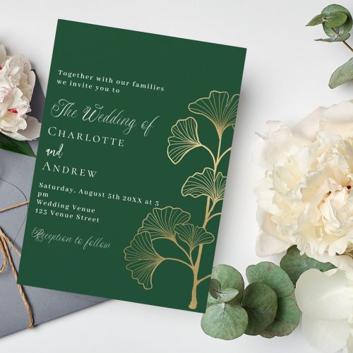 Wedding emerald green ginkgo greenery gold invitation