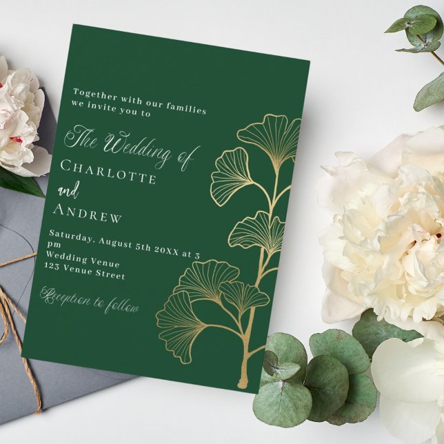 Wedding emerald green ginkgo greenery gold invitation (Creator Uploaded)