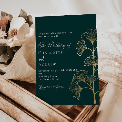 Wedding emerald green ginkgo leaves gold invitation postcard