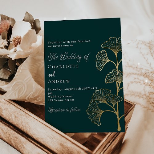 Wedding emerald green ginkgo leaves gold luxury invitation