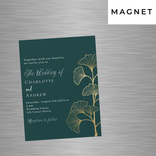 Wedding emerald green ginkgo leaves gold luxury magnetic invitation