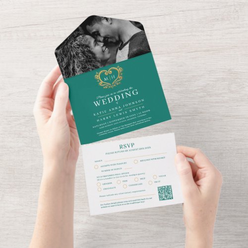 Wedding emerald green white gold heart monogram QR All In One Invitation