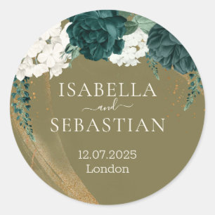 Wedding Emerald Green yellow Rose Classic Round Sticker
