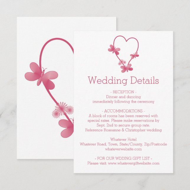 Wedding Enclosure Card Pink Heart Butterflies (Front/Back)