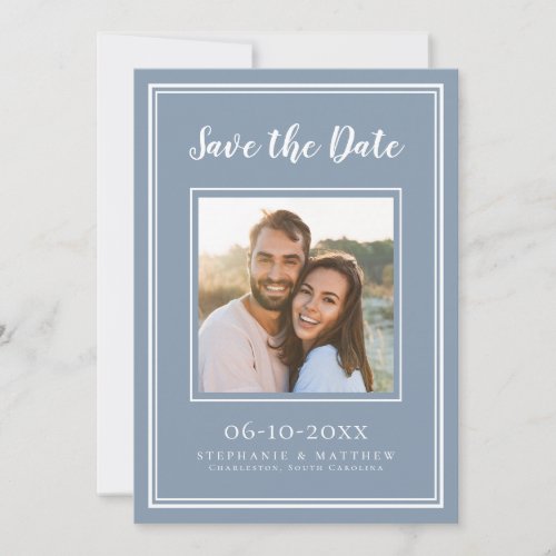 Wedding Engagement Couple Photo Modern Dusty Blue Save The Date