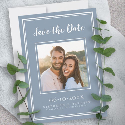 Wedding Engagement Couple Photo Modern Dusty Blue Save The Date