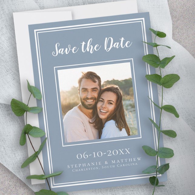 Wedding Engagement Couple Photo Modern Dusty Blue Save The Date (Creator Uploaded)