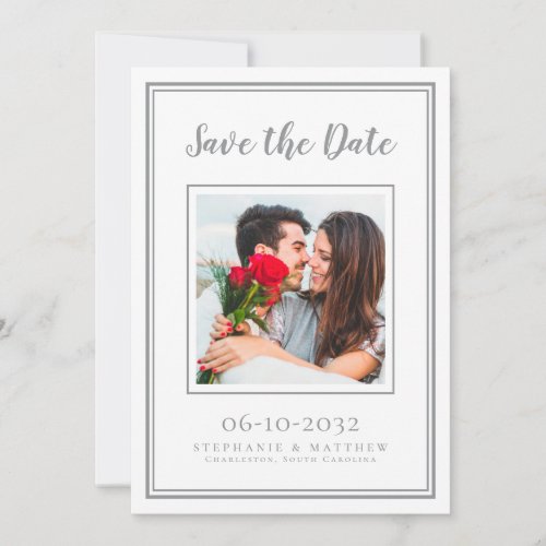 Wedding Engagement Couple Photo Modern White Gray Save The Date