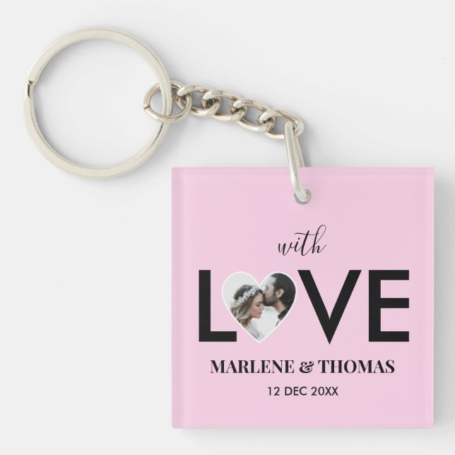 Wedding Engagement Custom Photo Pink Heart Frame Keychain (Front)