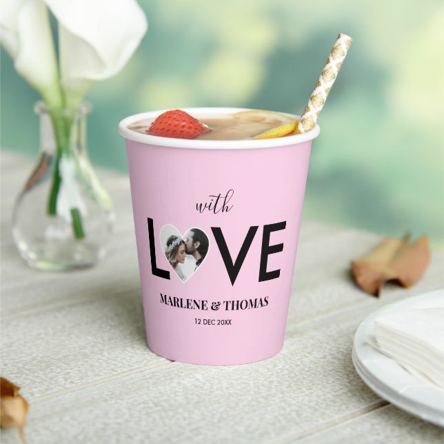 Wedding Engagement Custom Photo Pink Heart Frame Paper Cups (Insitu)