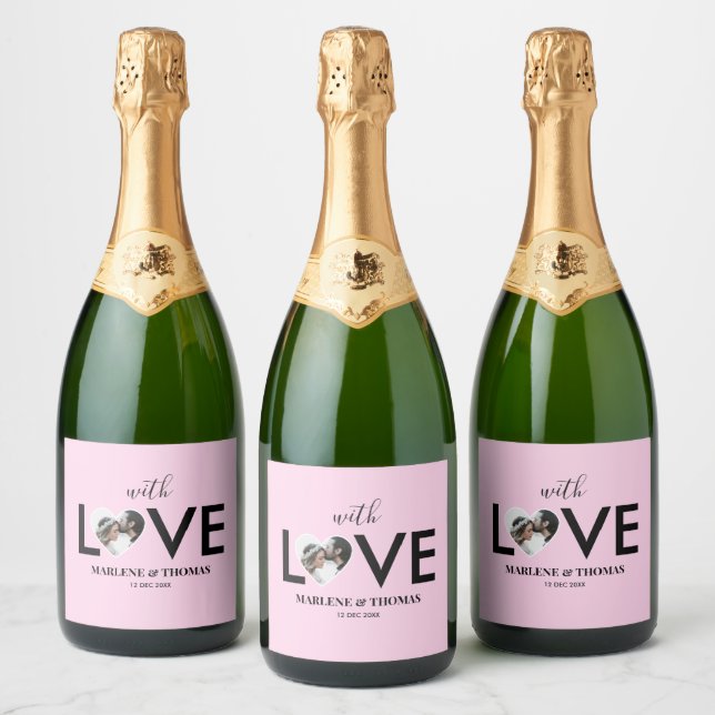 Wedding Engagement Custom Photo Pink Heart Frame Sparkling Wine Label (Bottles)