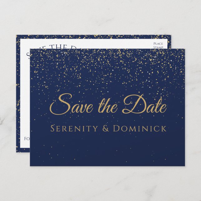 Wedding Engagement Gold Navy Blue Save The Date Postcard (Front/Back)