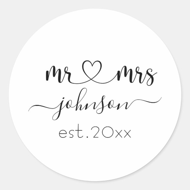 Wedding Engagement Heart Mr Mrs Personalized Name Classic Round Sticker (Front)