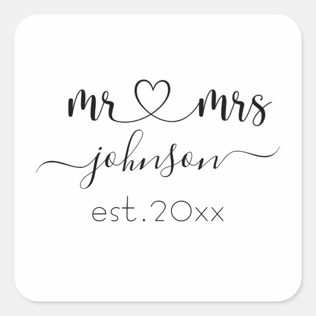 Wedding Engagement Heart Mr Mrs Personalized Name  Square Sticker (Front)