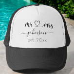 Wedding Engagement Heart Mr Mrs Personalized Name Trucker Hat<br><div class="desc">Mr. and Mrs. personalized last name or surname with cute girly heart trucker hat with customized name and established date which makes a personalized and special gift for a wedding,  anniversary,  Christmas or engagement gift.</div>