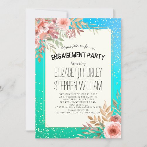 Wedding Engagement Party Floral Teal Gold Confetti Invitation