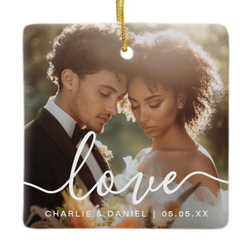 Wedding engagement photo love couples names date ceramic ornament