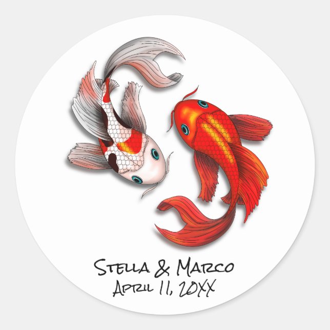 Wedding Engagement Yin Yang Koi Fish Garden Party  Classic Round Sticker (Front)