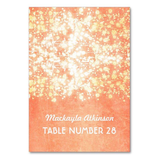 wedding escort cards string lights gold and peach (Front)